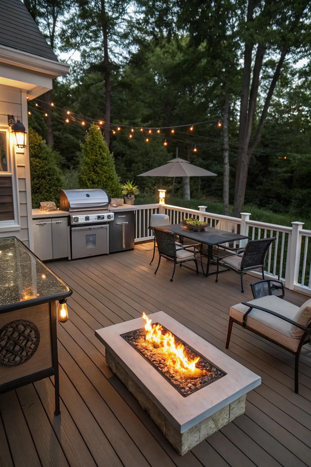 A deck equipped for entertainment with a fire pit and outdoor kitchen.