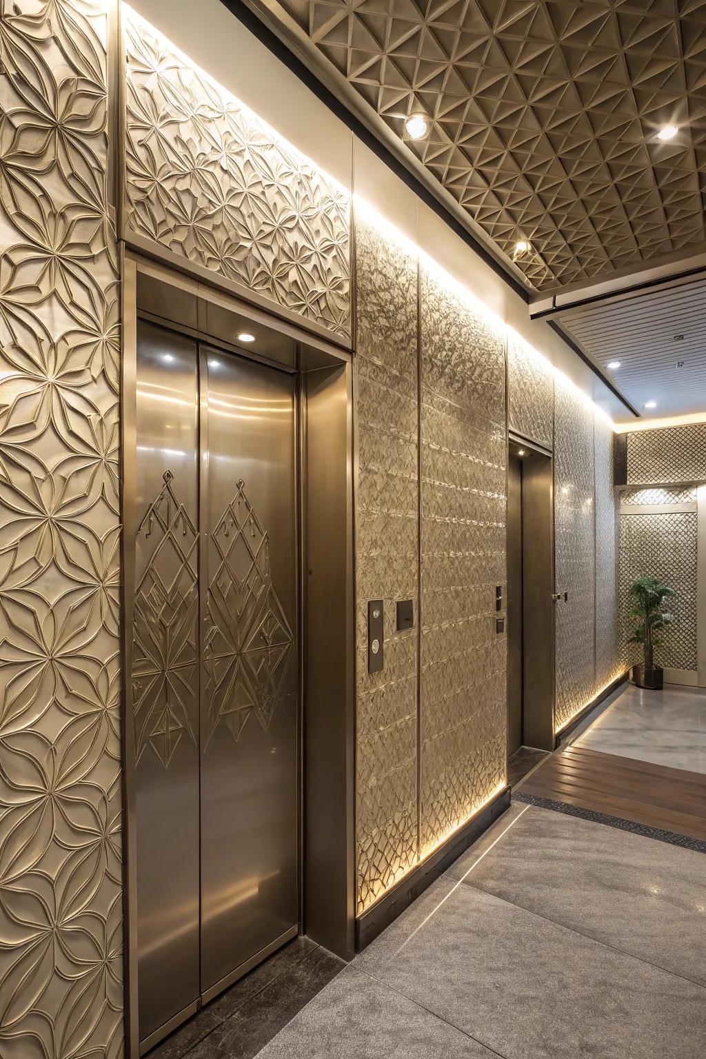An elevator interior presenting three-dimensional defined walls exhibiting geometrical patterns for an artistic impact.