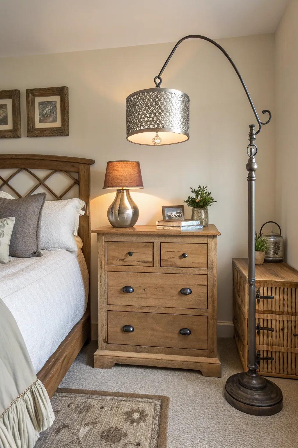 A combination of materials adds depth and attraction to this farmhouse guest bedroom.