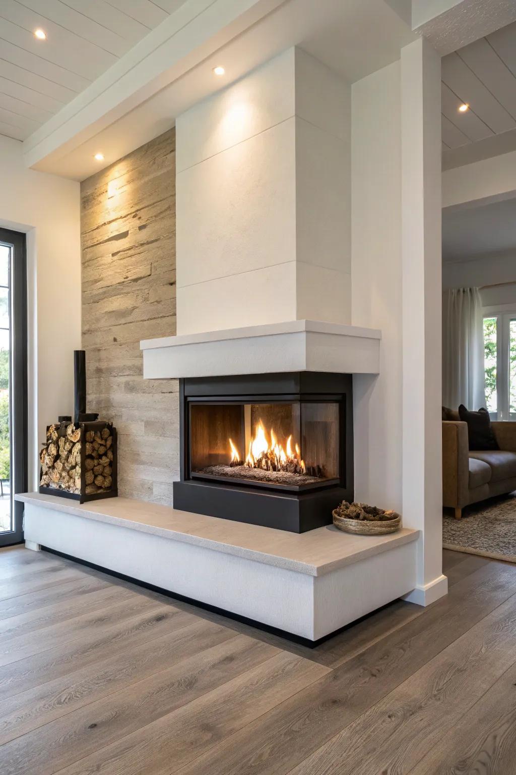 A fireplace with a floating hearth adds a modern touch to the room.