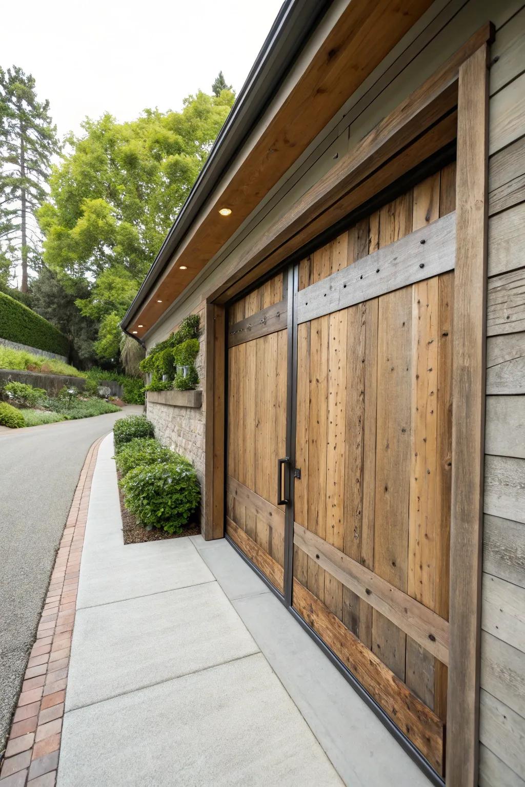 Eco-conscious materials add a renewable dimension to garage entryways.
