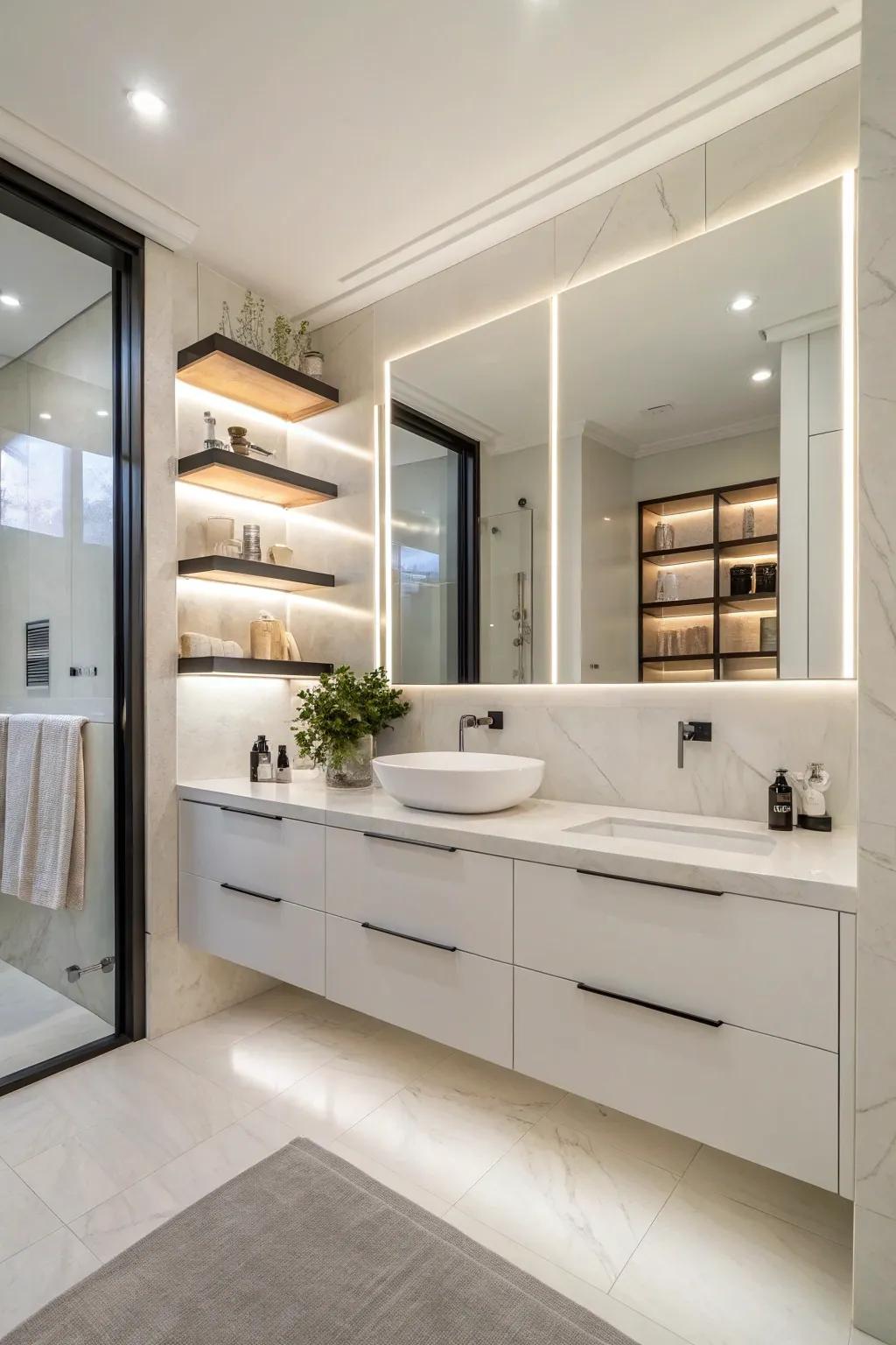 A bathroom presenting functional storage answers with floating ledges and smooth cabinets.