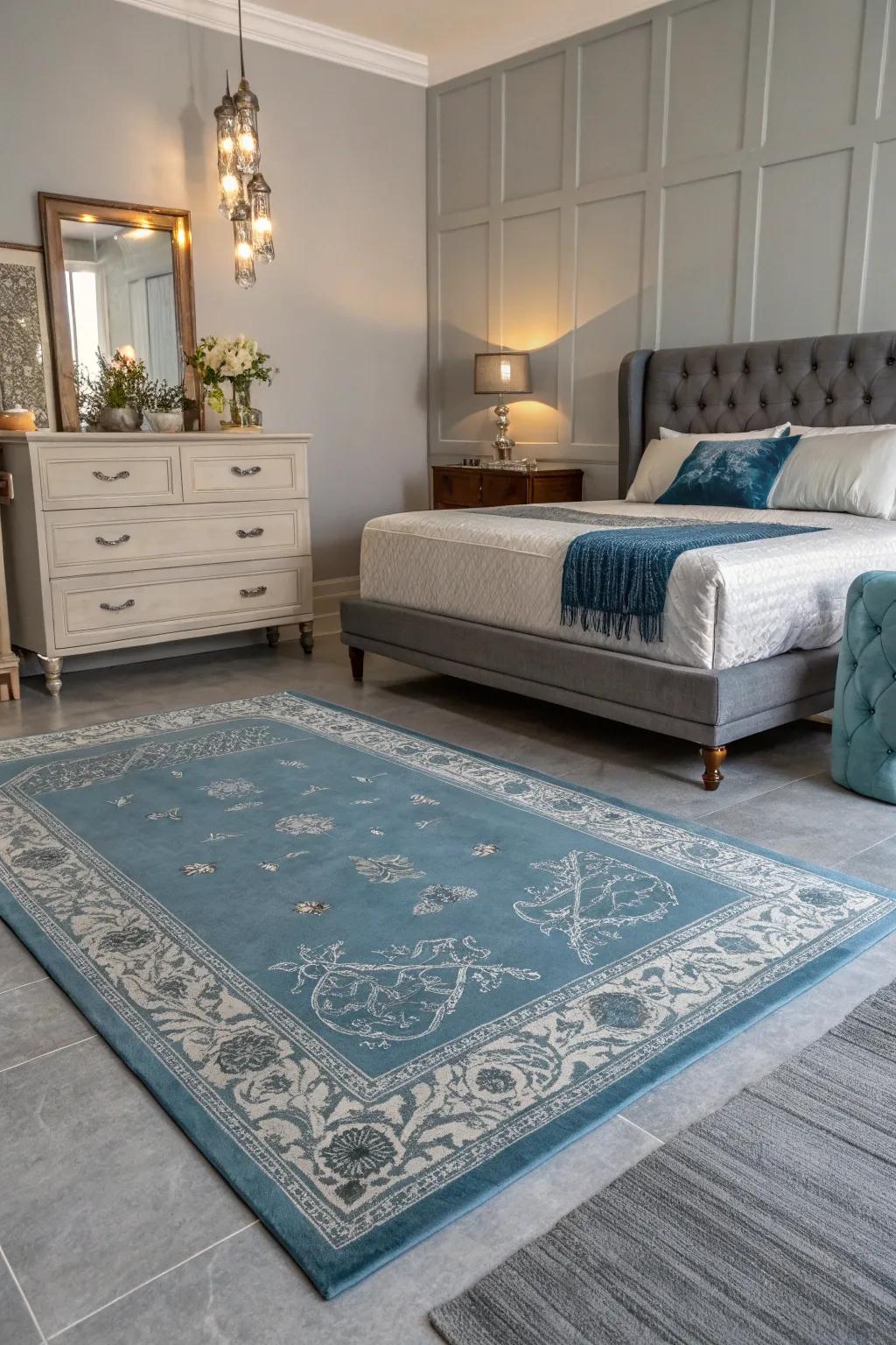 An azure floorcloth over ash floors contributes warmth and sophistication to your bedroom.
