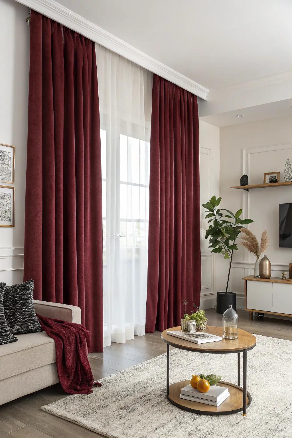 Living area featuring wine window coverings and minimalistic modern decor.
