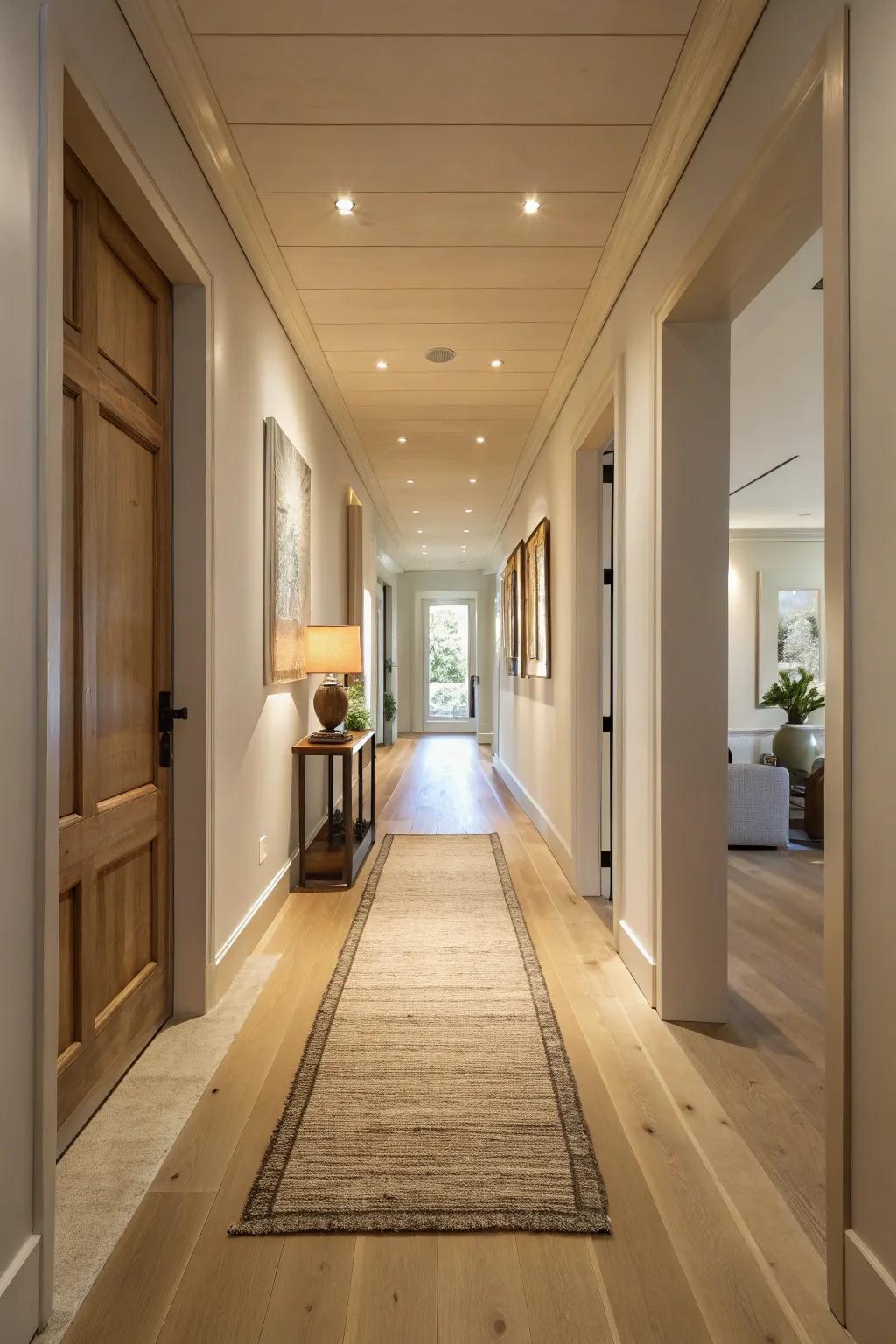 Coordinated flooring enhances the harmony of the hallway's design.
