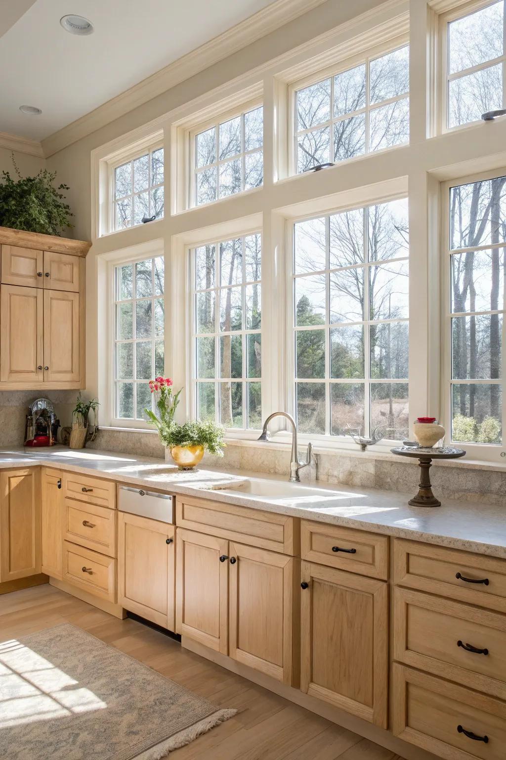 Natural light enriches the airy feel of a kitchen with cream-colored pecan wood cabinets.