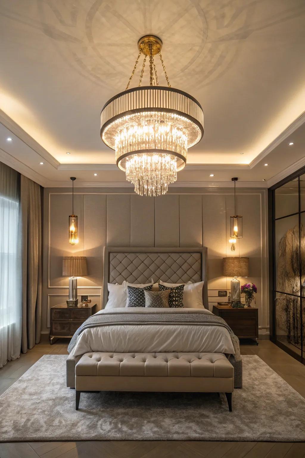 A stylish chandelier introduces elegance to this contemporary master bedroom.