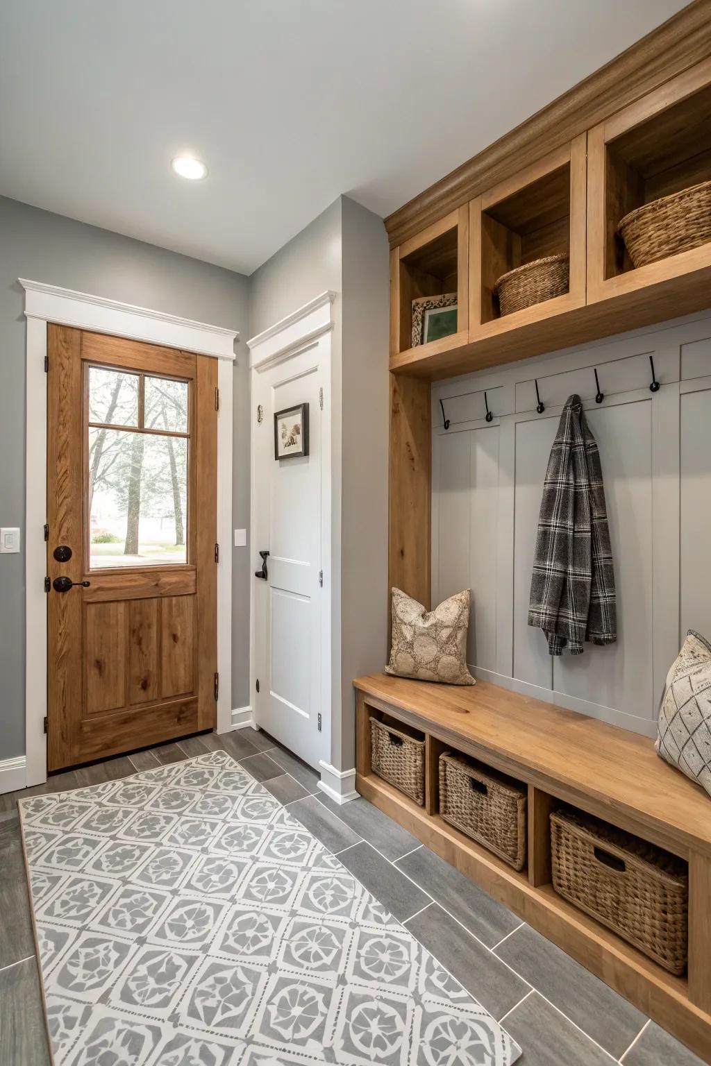 A serene, neutral palette establishes a tranquil tone in the mudroom.