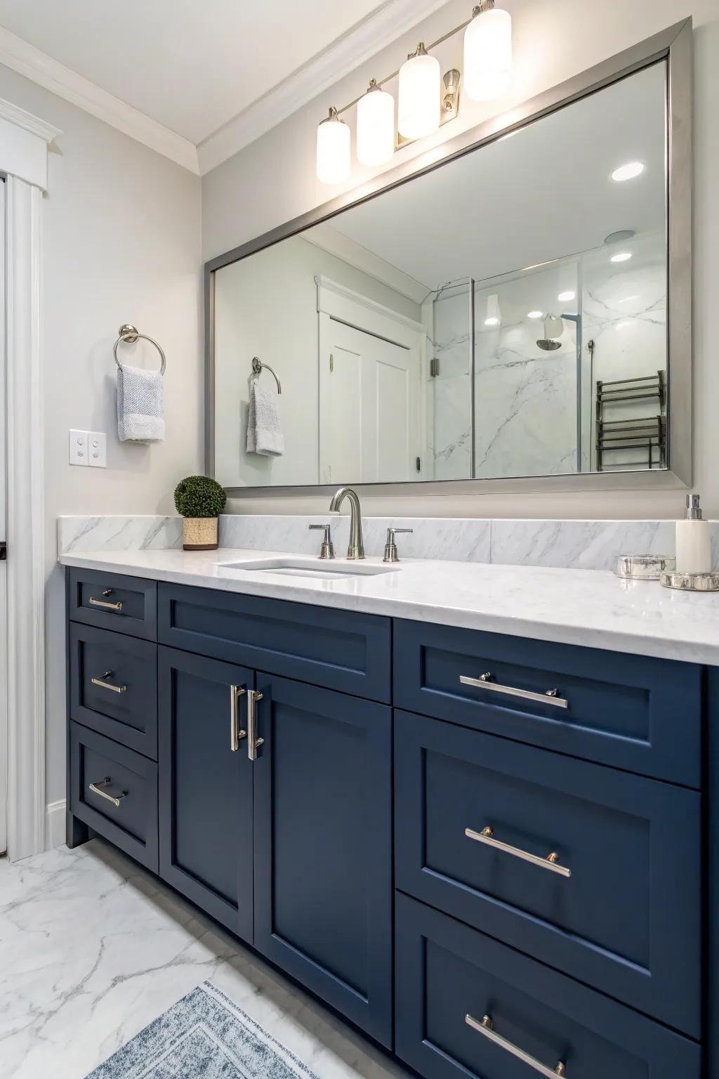 Stone countertops enhance deep ocean cabinets with a touch of luxury.