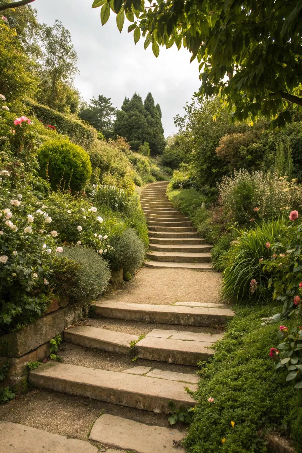 A garden path designed with varying heights, adding dimension and intrigue.