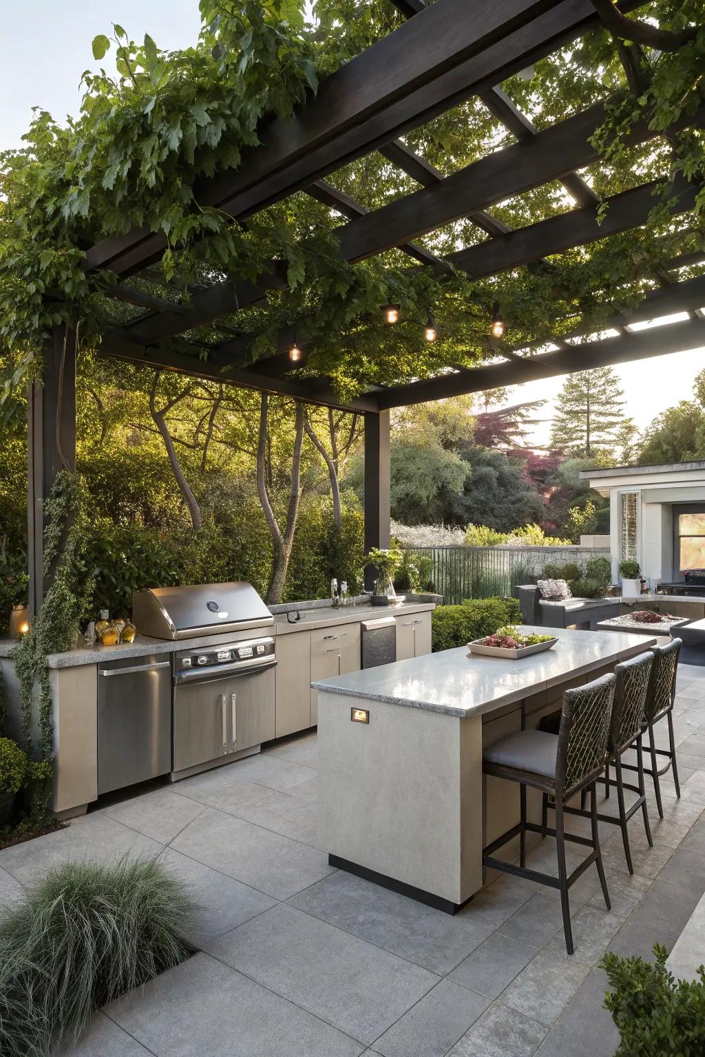An arbor offering shade and style to an elegant outdoor cooking area.