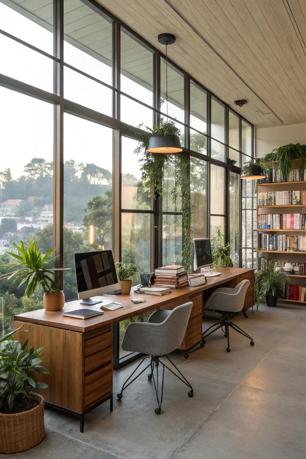 Sunlight enhances the atmosphere and energy in a rustic office.