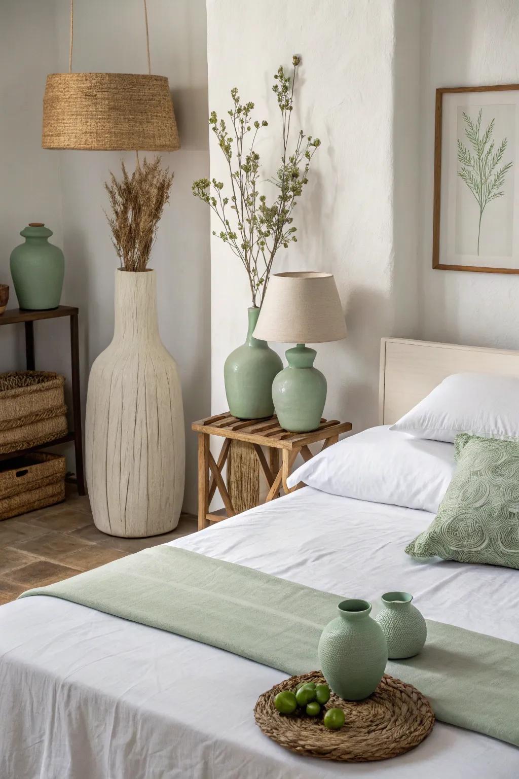 Minimalist avocado-toned design complements the room’s simplicity and calm.