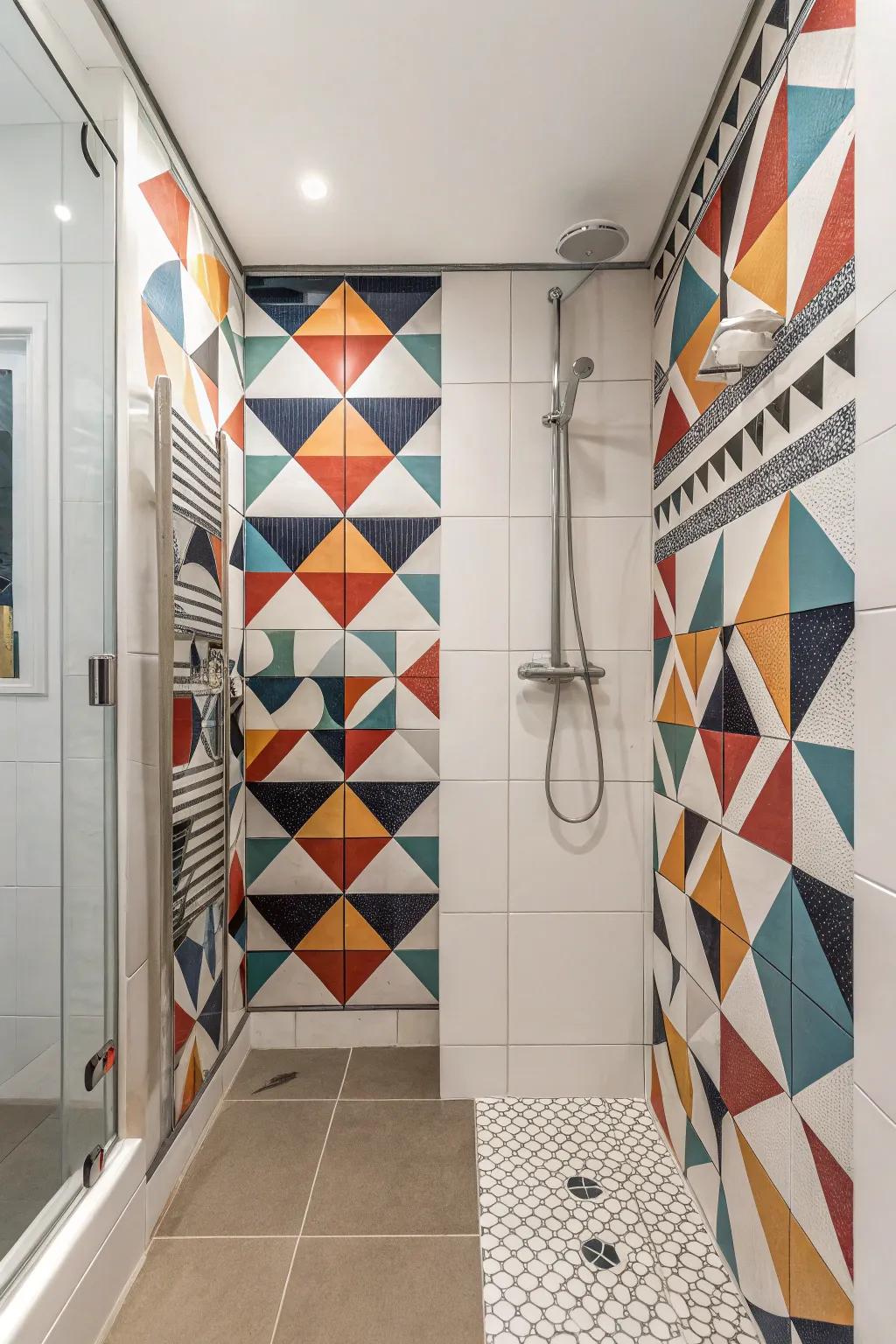 A bathing space presenting unique geometrical tile structures for a bold appearance.