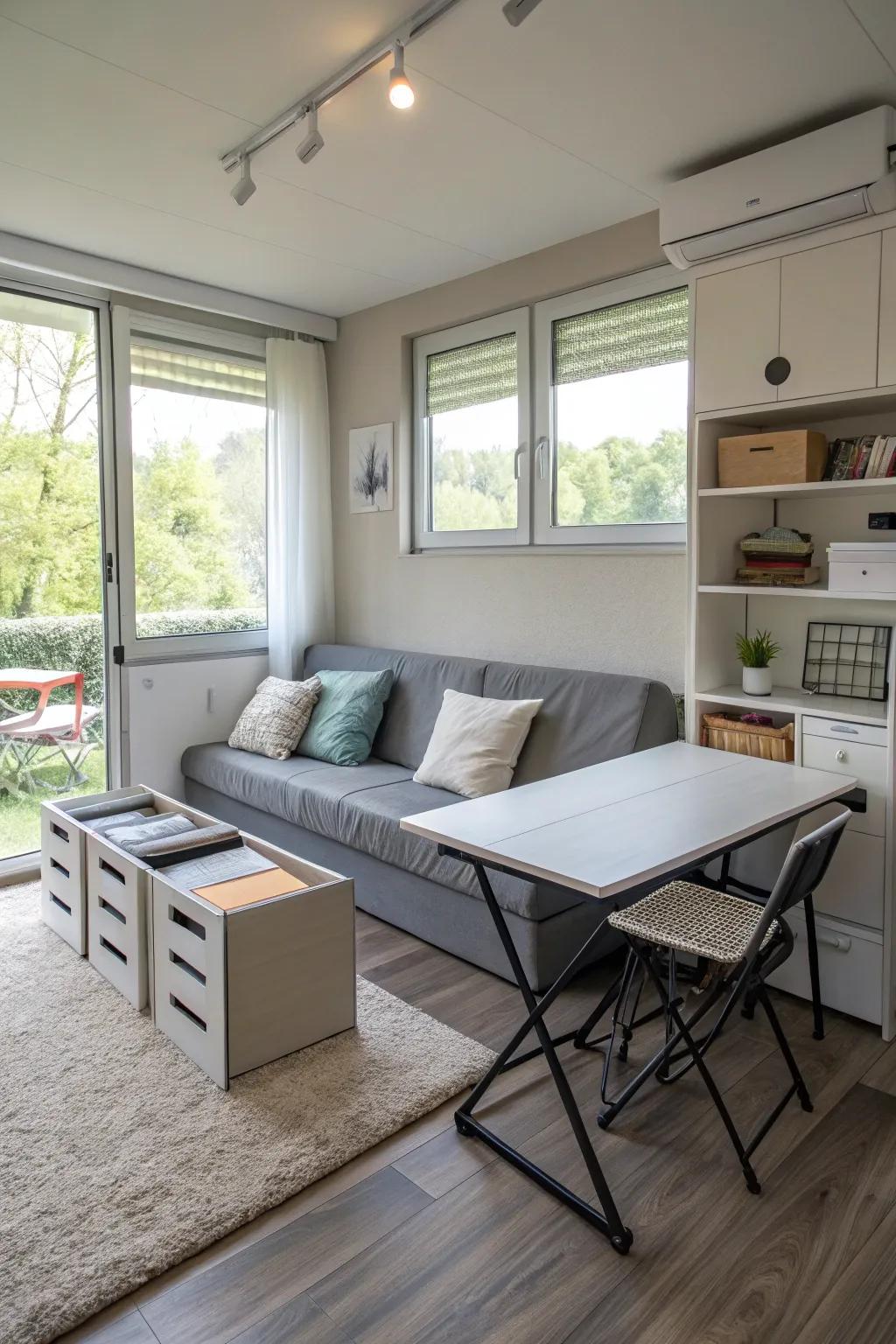 A practical layout in a compact contemporary gathering spot with adaptable furniture.