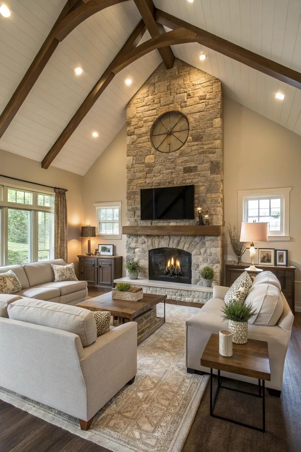 A modern fireplace becomes a captivating focal point in this high-ceilinged space.