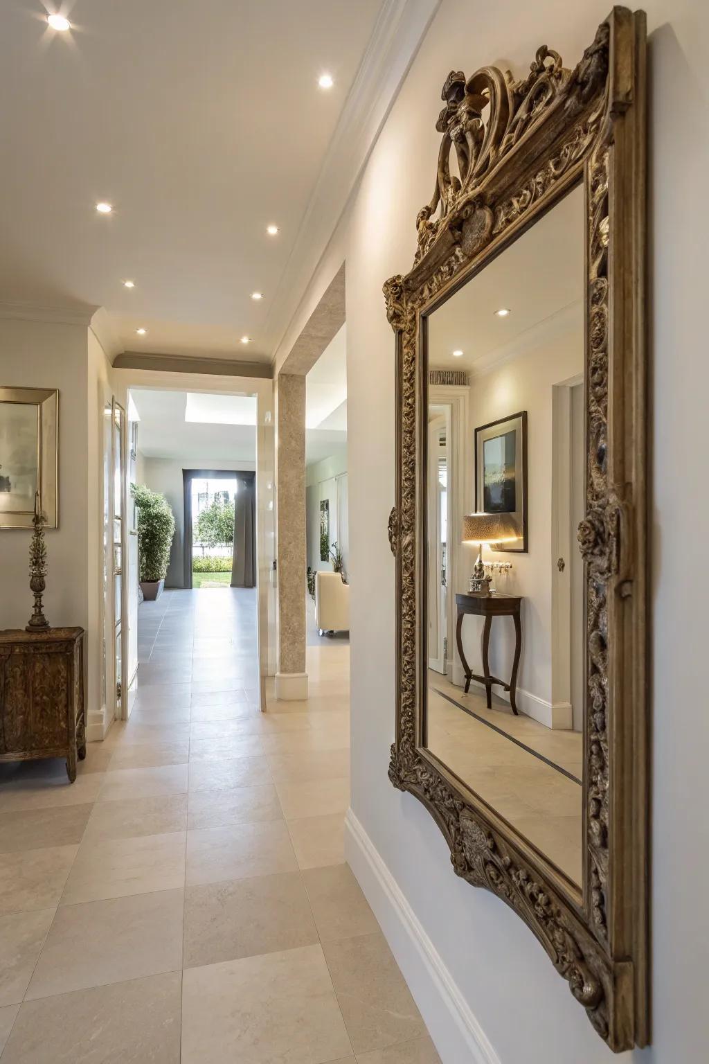 A traditional looking glass increases light and space in a hall.