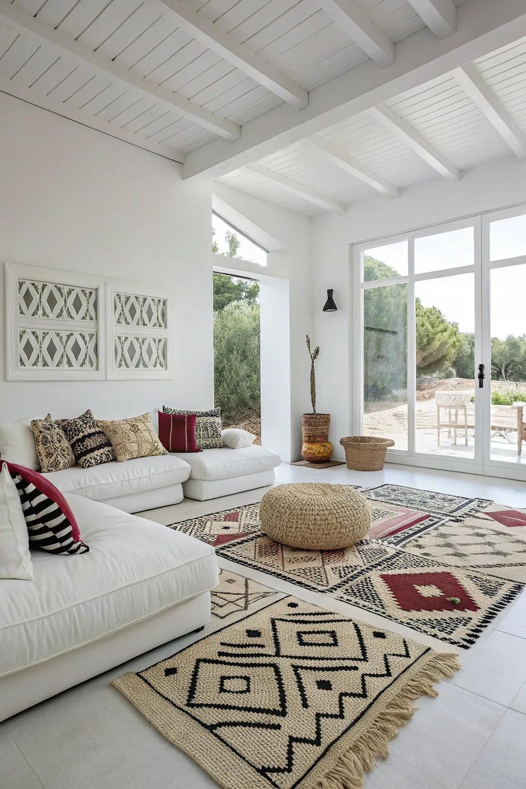 Geometric mosaics contribute visual intrigue to a white lounge.