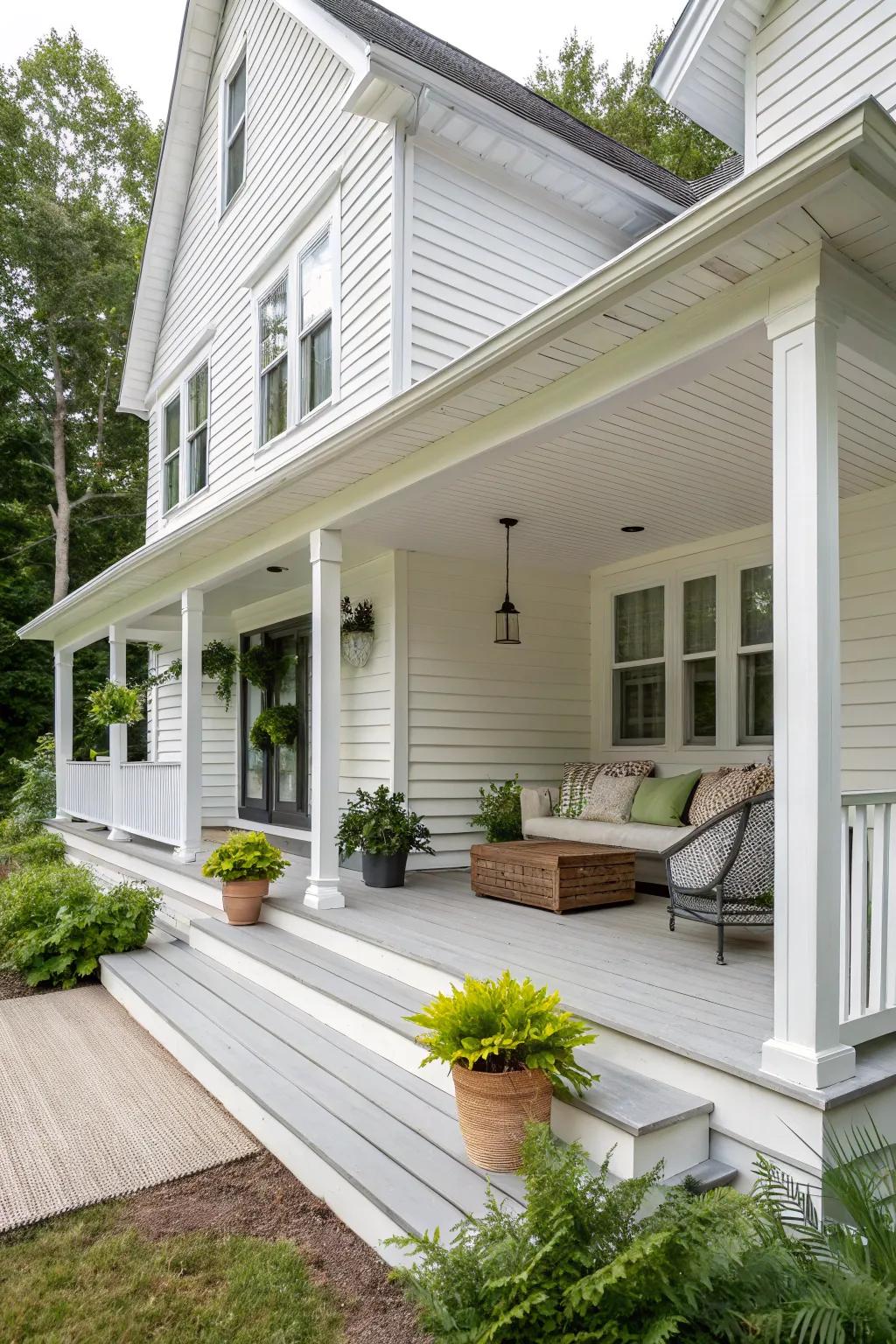 A white house with an inviting outdoor area and lush greenery.