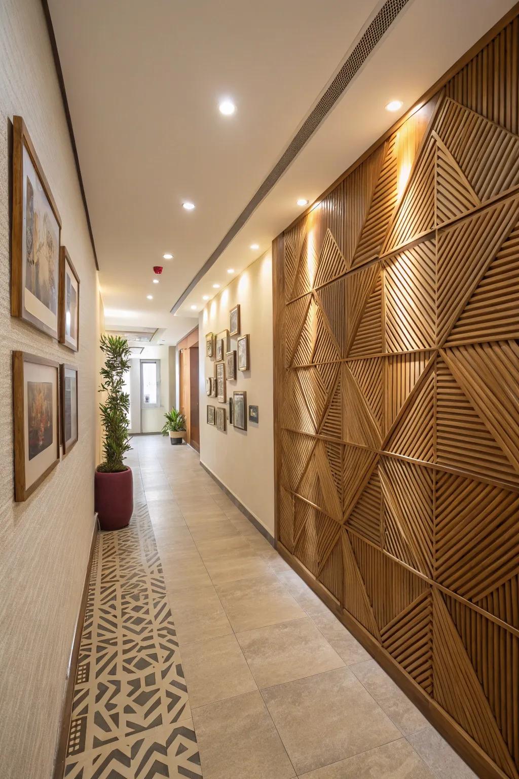 Transform your space with a visually striking geometric wood slat accent wall.