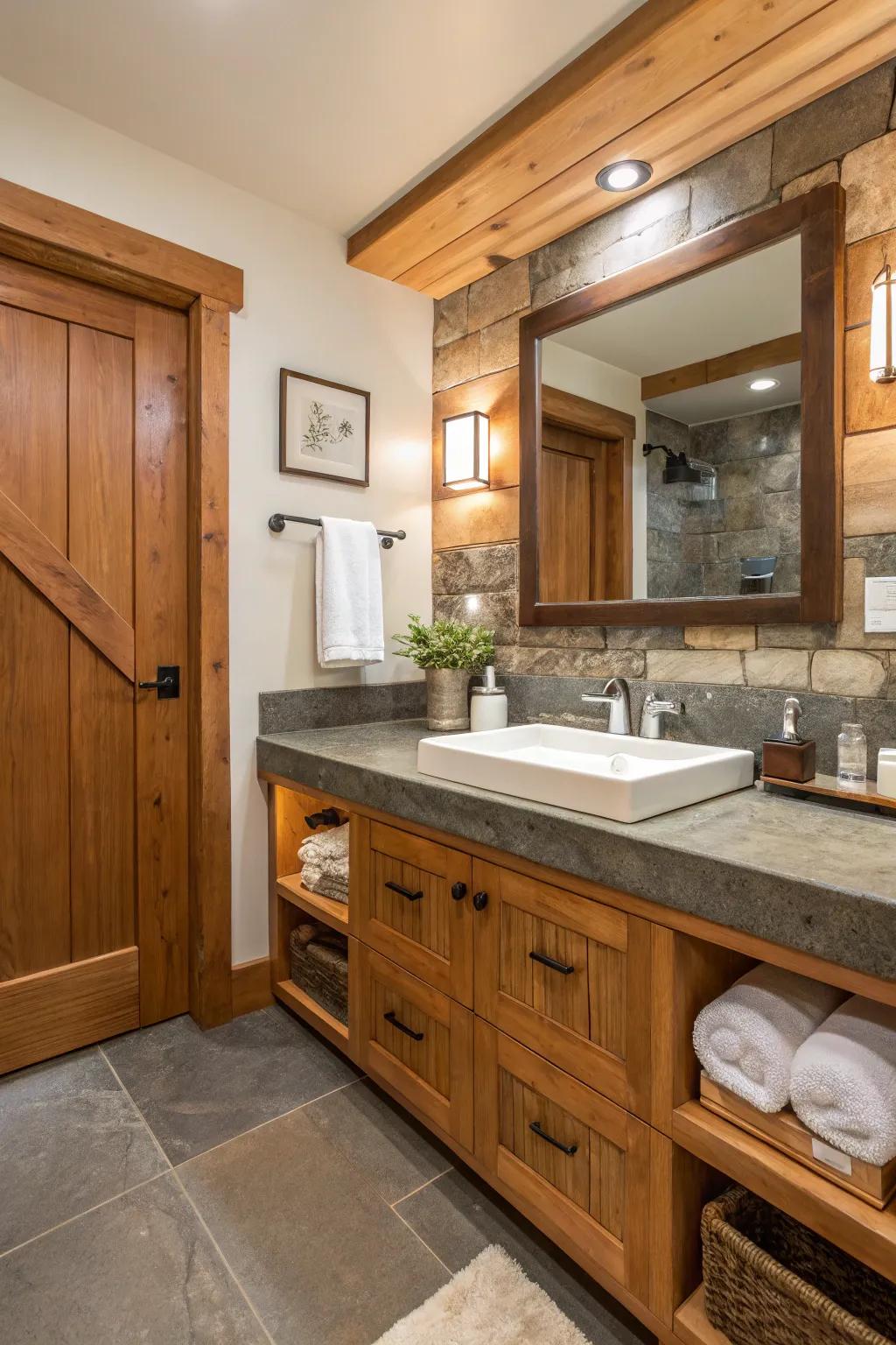 Inherent aspects offer harmony and warmth to captivating bathrooms.