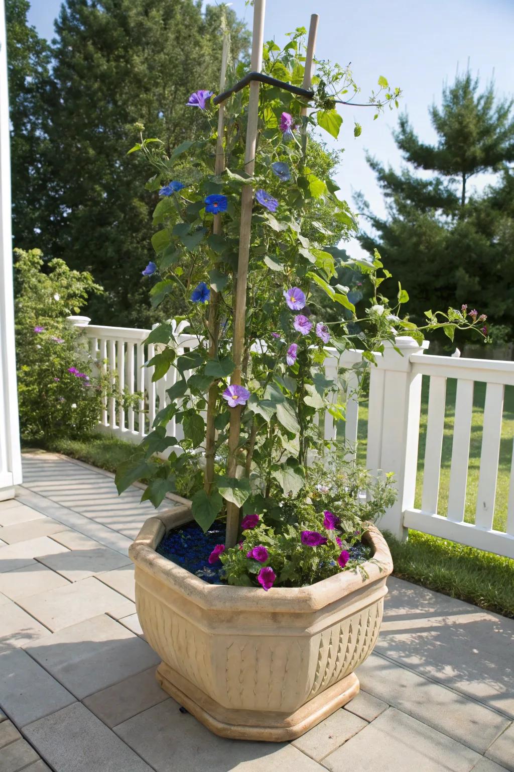 Vessel garden featuring Heavenly trumpets climbing a small framework.