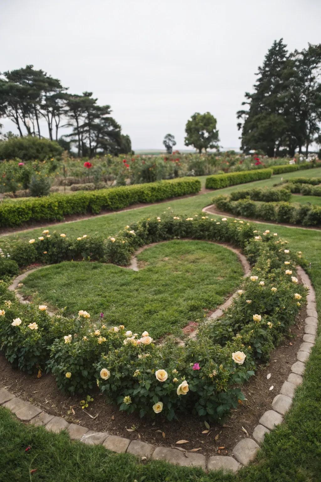 Sun roses arranged in a heart design for a distinctive garden aesthetic.
