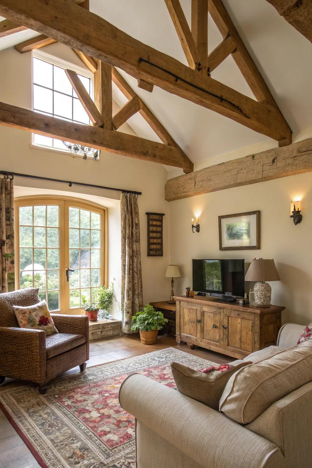 Overhead beams give a country and spacious look.