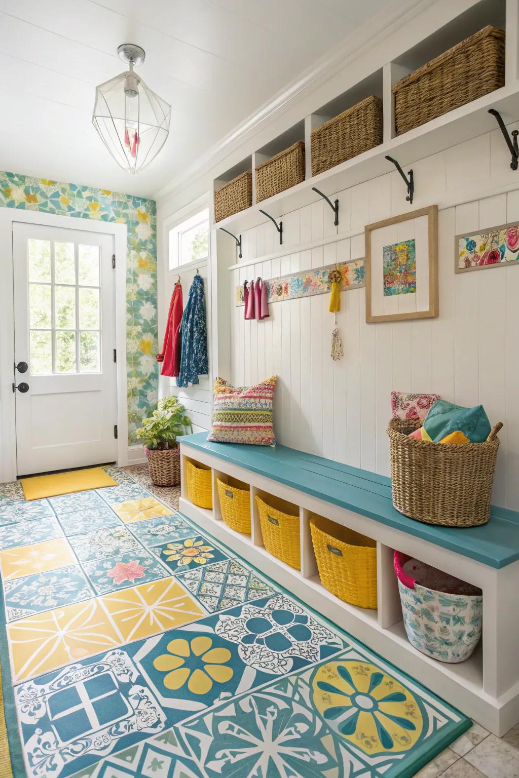 Patterned vinyl tiles introduce a burst of color and personality to your mudroom.