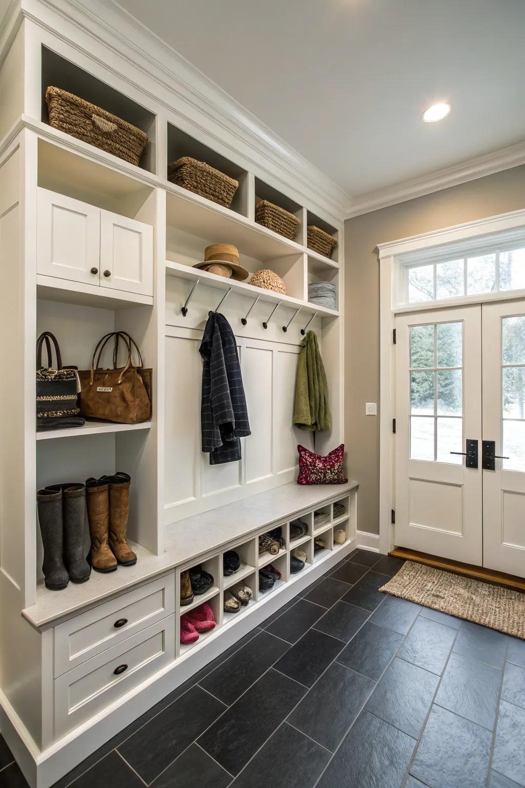 An entryway featuring sleek integrated closets with flexible shelving for versatile storage solutions.