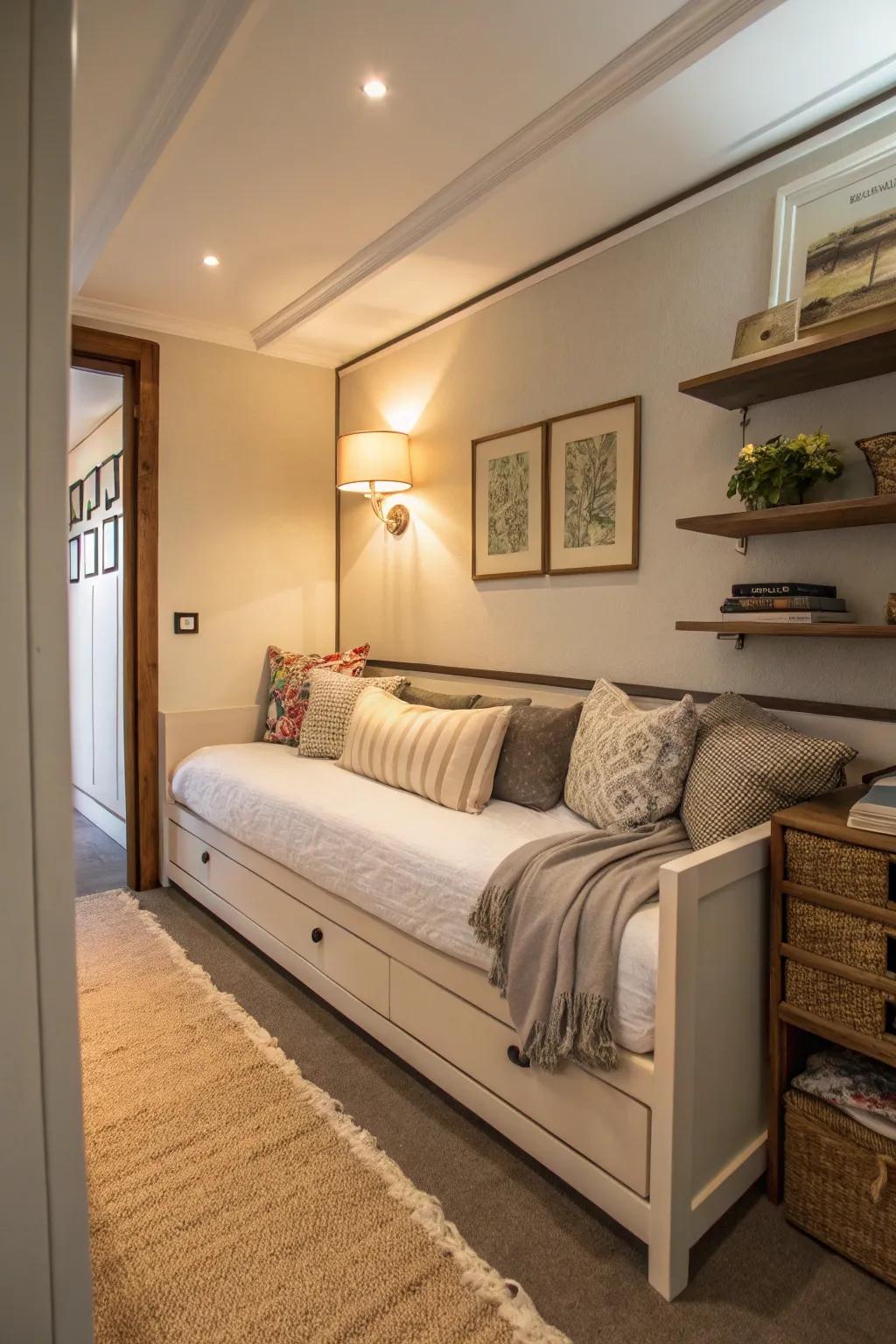 A chic daybed delivers flexible seating and sleeping alternatives in a constricted bedroom.