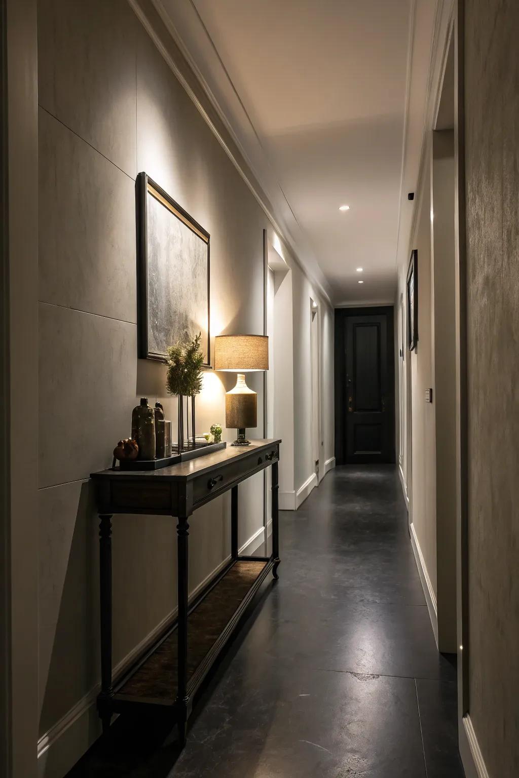 Compact furniture introduces both functionality and flair to a slender hallway.