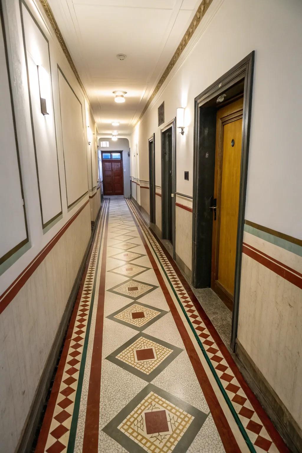 Border accents can delineate and characterize a slender hallway surface.