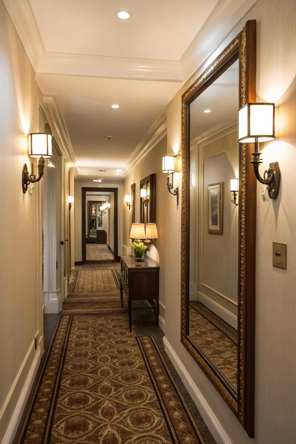 Mirrors enhance light and create an impression of spaciousness in narrow hallways.