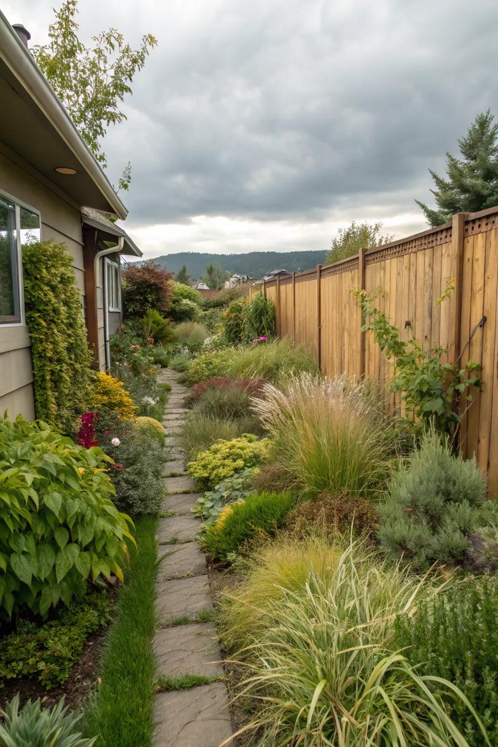 A blend of surfaces adds profundity to your side yard.