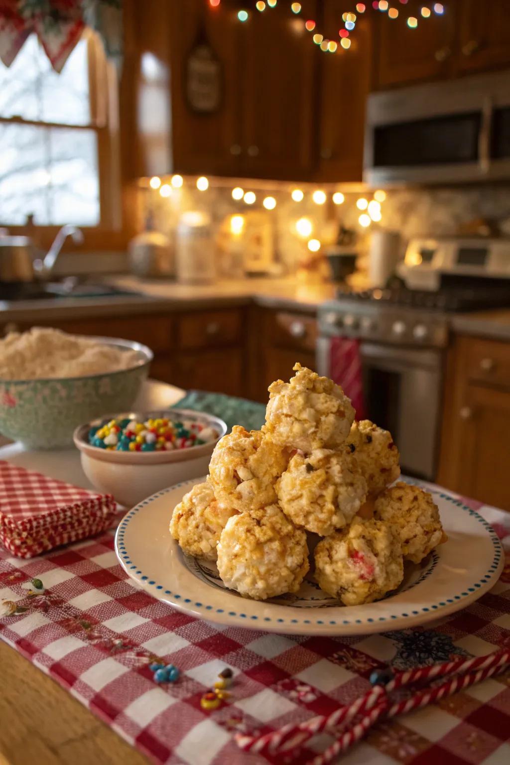 Newly prepared popcorn spheres prepared for savoring.