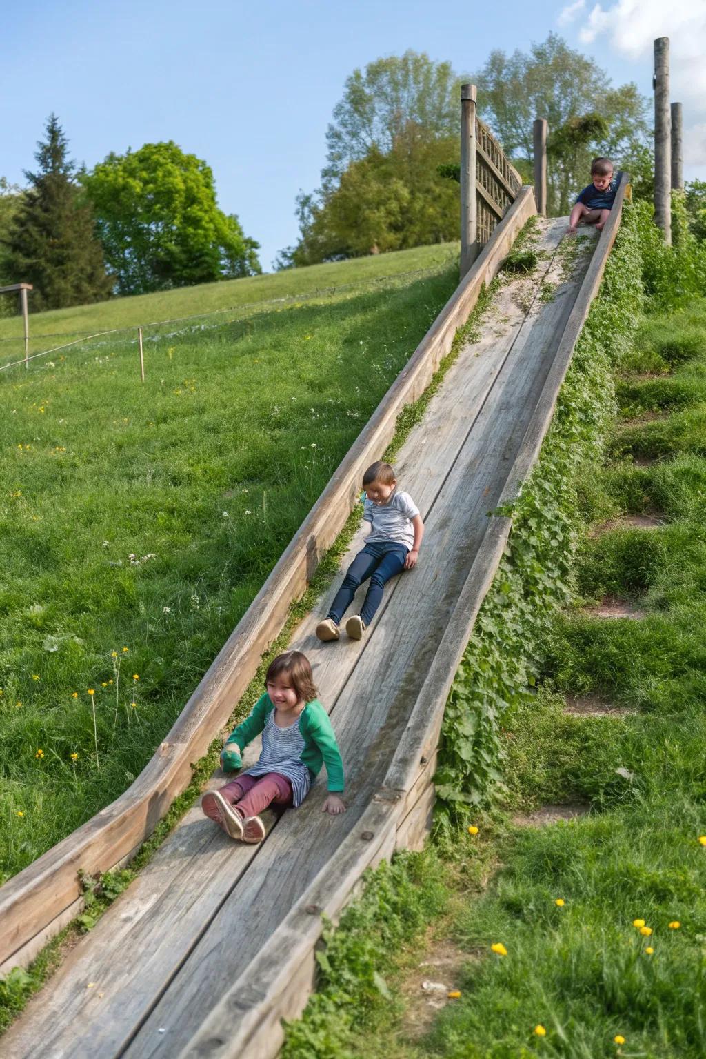 Wooden slides add thrill to natural landscapes.