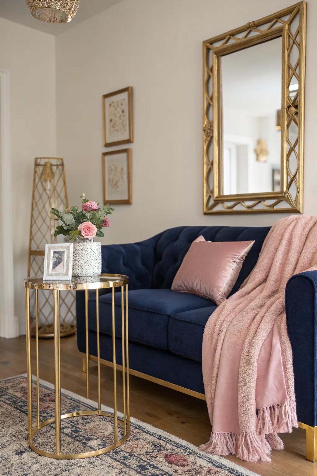 Metallic accents bring a hint of glamour to the sapphire and rose decor.