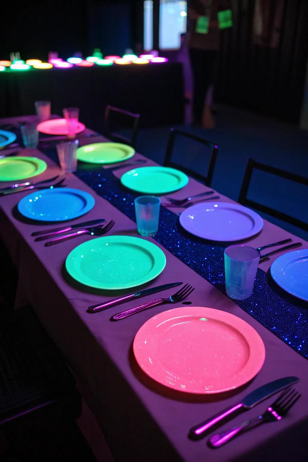 Radiant-colored table settings glowing under dark light, crafting an attention-grabbing eating experience.