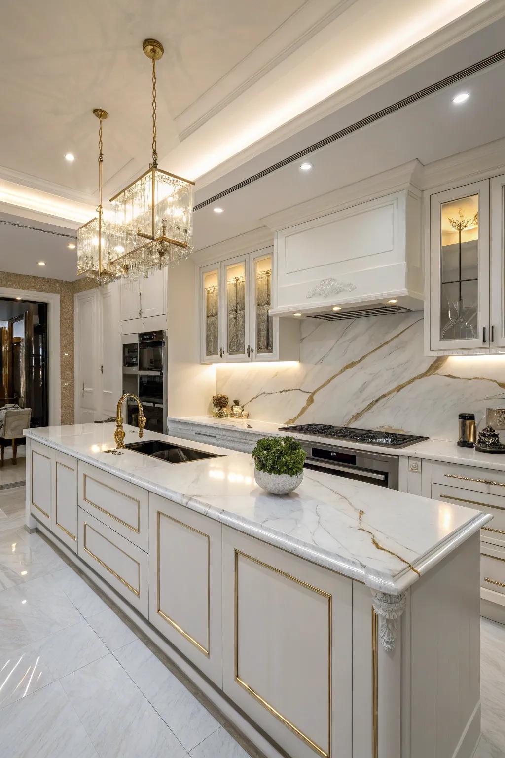 Luxurious stone tabletop surfaces that elevate the kitchen's elegance.
