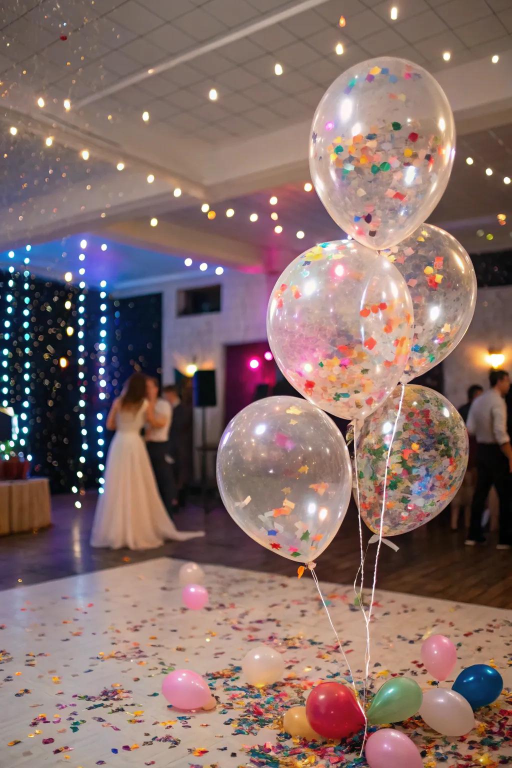 Paper bit-filled spheres burst with color and delight, enhancing celebrations.