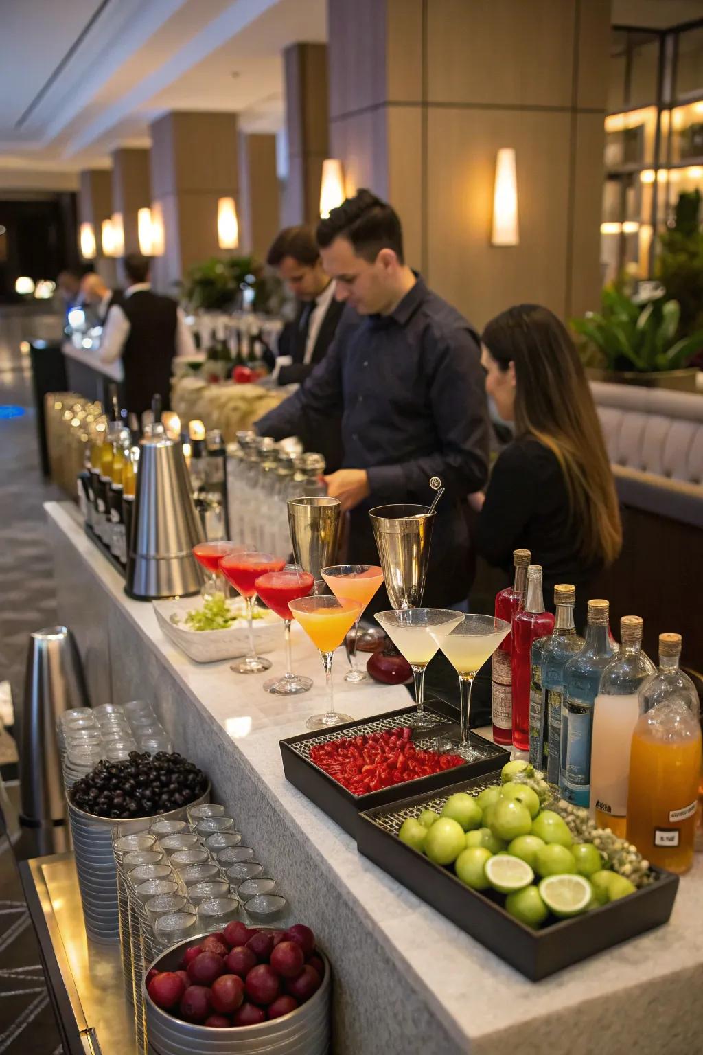 A make-your-own cocktail station allows guests to craft their perfect drink.
