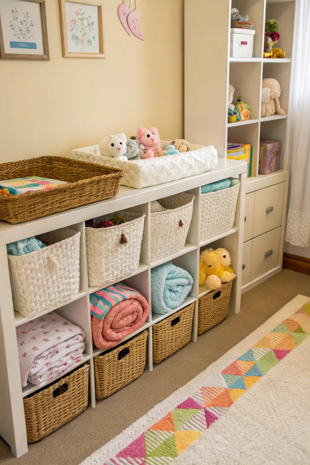 Ornamental bins and baskets for well-ordered nursery storage.