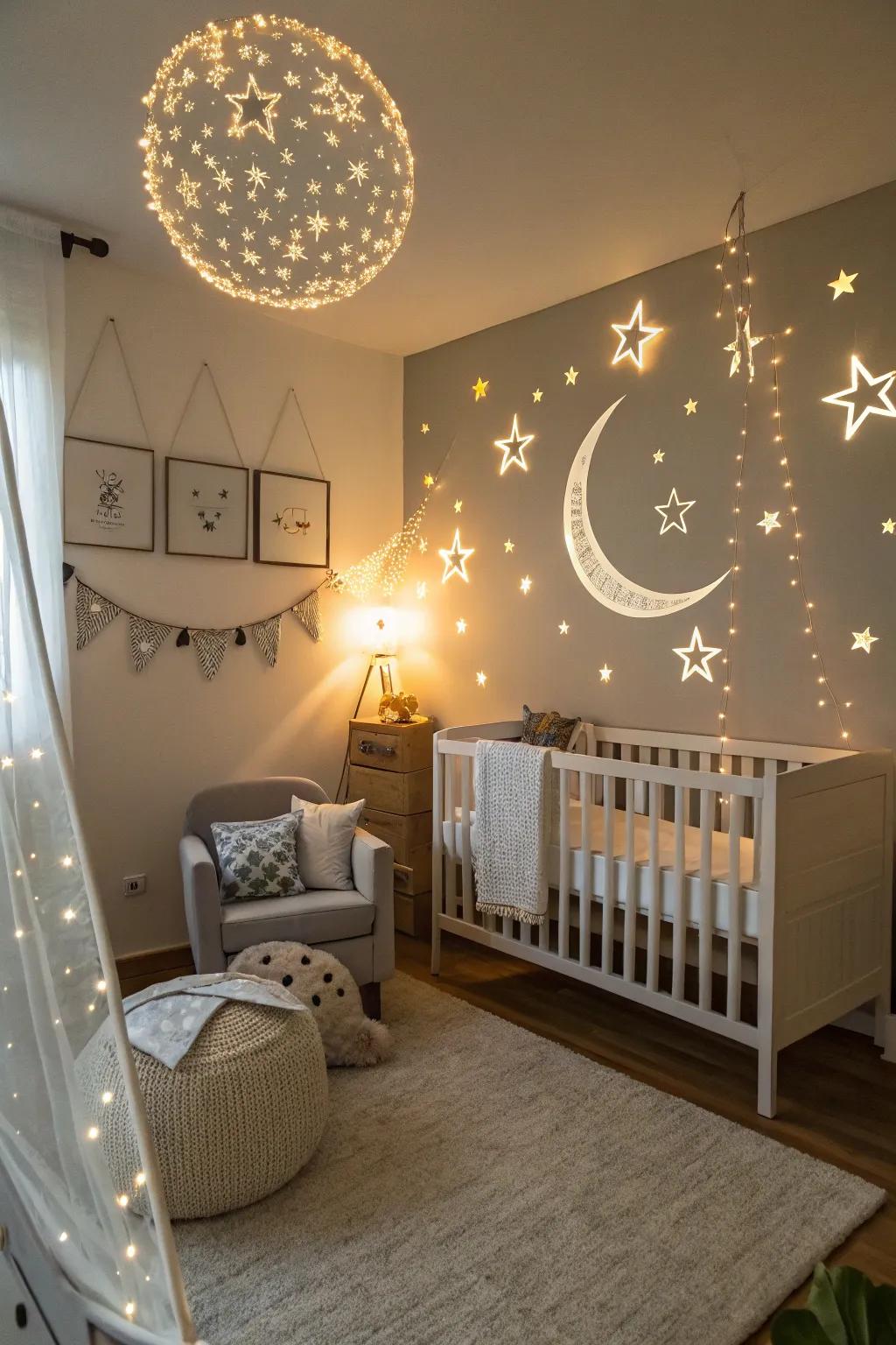 A nursery that captures the magic of the night sky with cosmic components.