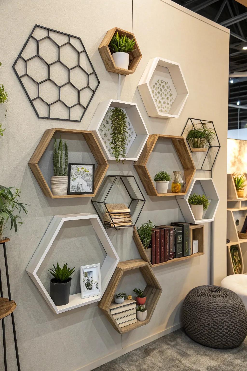 Polygon shapes fashion an impressive wall showcase.