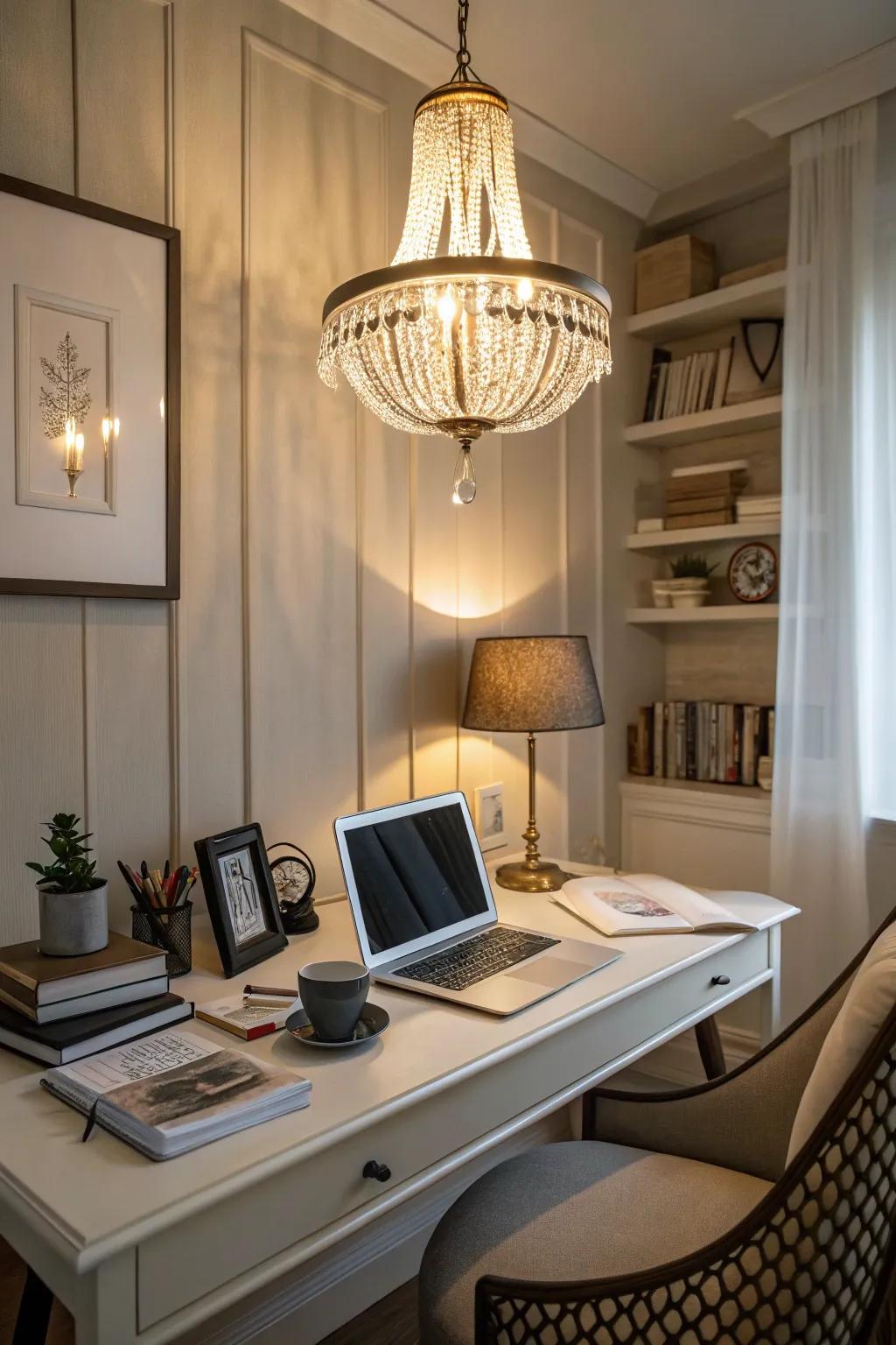 Chic lighting contributes elegance and warmth to the office.