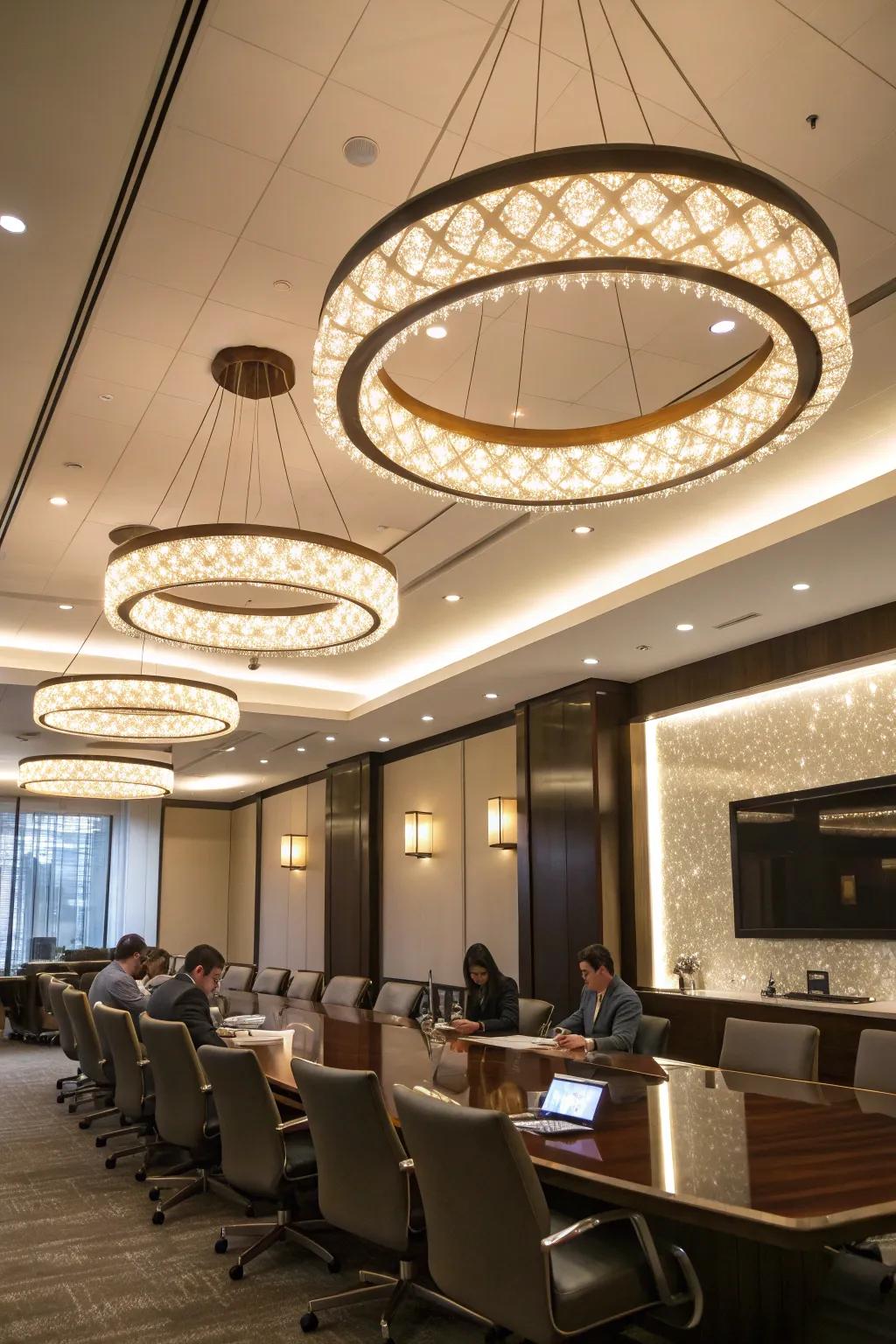 Enhance your conference room using elegant hanging lighting.