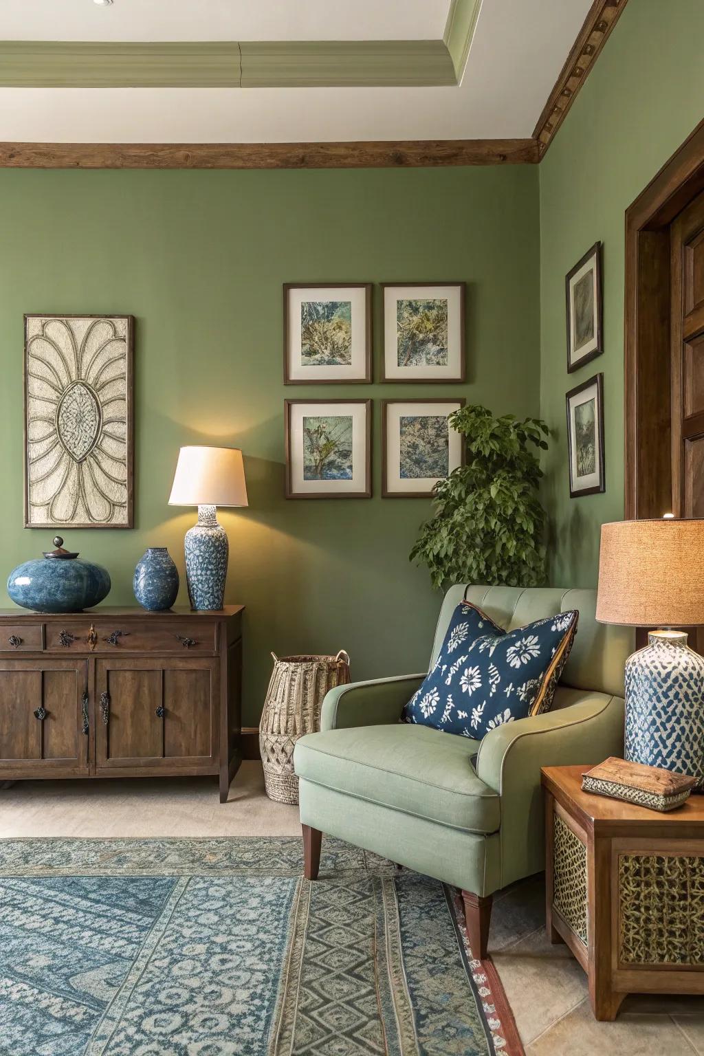 A harmonious mixture of colors accentuates leafy green walls.