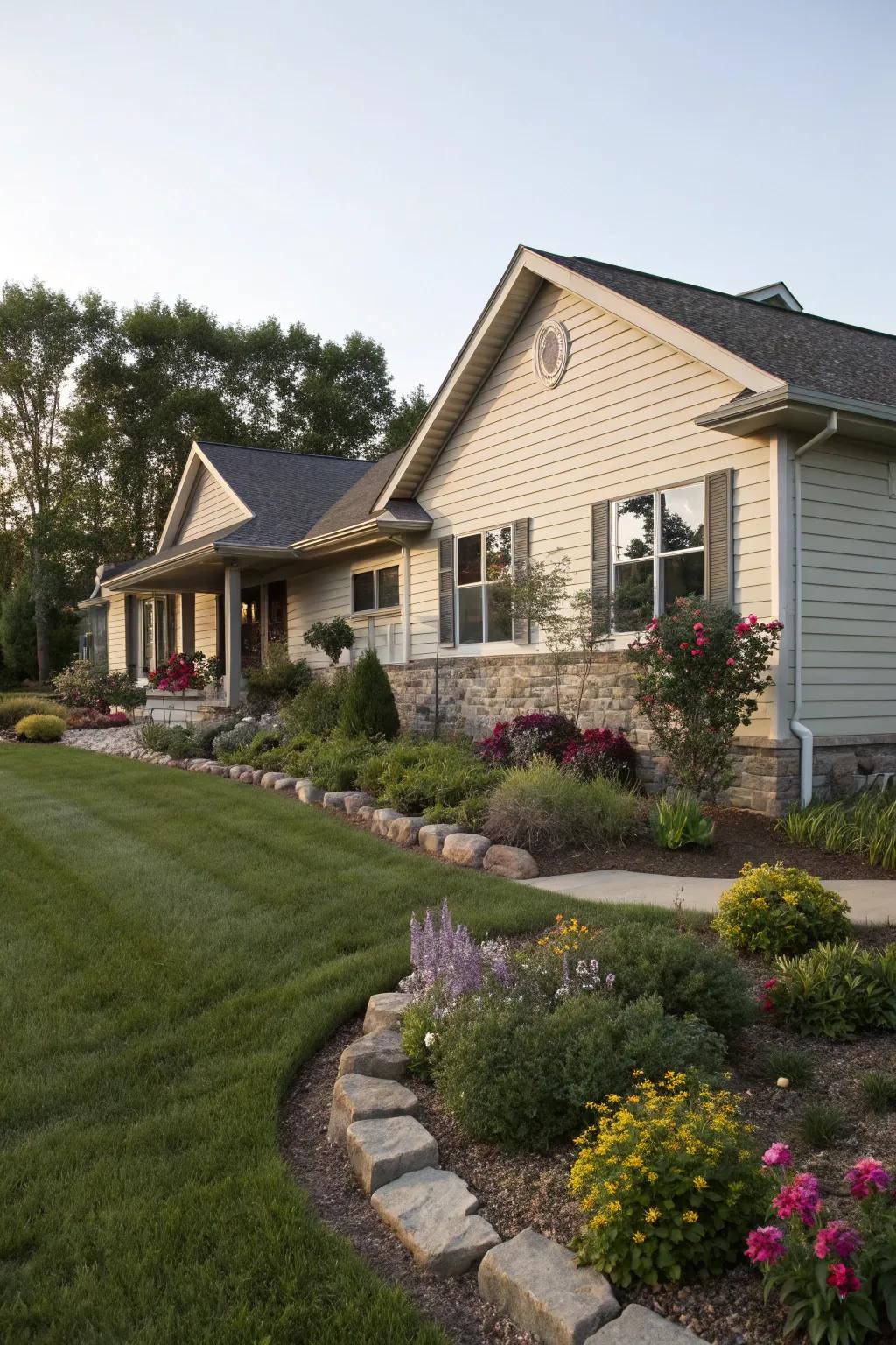 Landscaping and siding design blend seamlessly, enhancing the ranch house's charm.