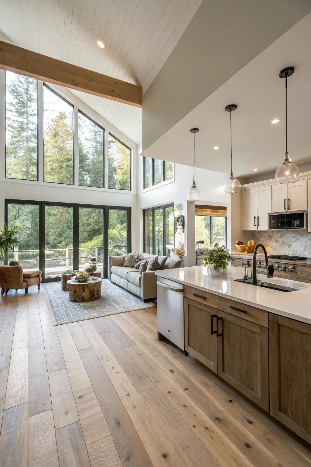 Consistent lumber flooring generates a harmonized panorama in an open-concept blueprint.